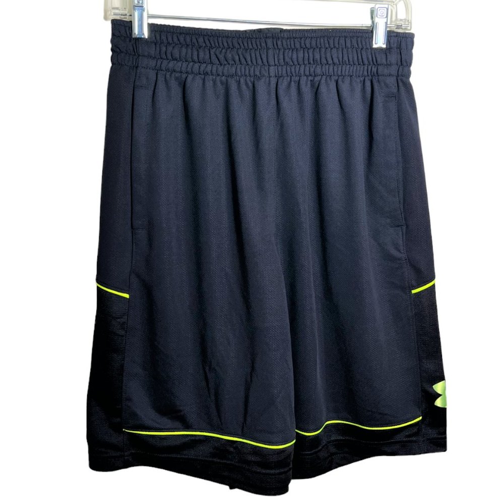 Men's Under Armour Loose Fit Black & Neon Green Athletic Shorts, Size MD/M